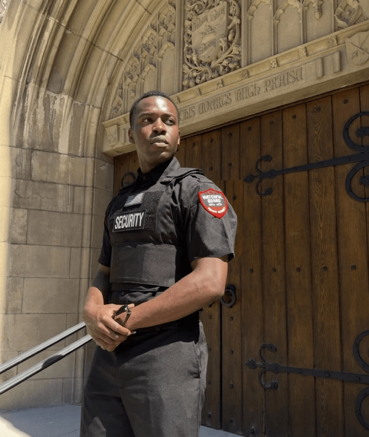 DPS licensed unarmed security guard at a commercial property entrance
